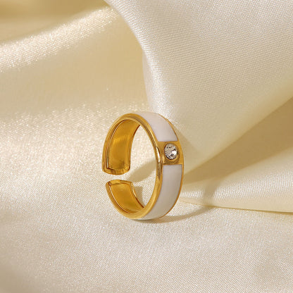 Fashion Simple 18k Gold Stainless Steel Inlaid Zircon Black/white Open Ring