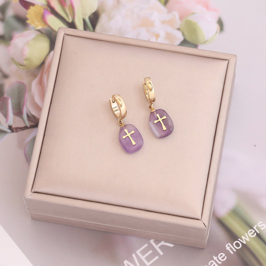 1 Piece Fashion Cross Plating Stainless Steel Natural Stone Earrings