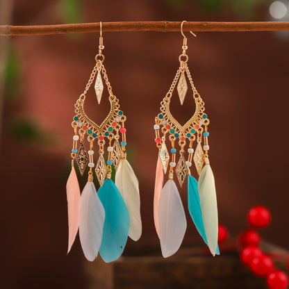 Vintage Fan-shaped Tassel Feather  Long Bohemian Beads Drop Earrings Wholesale