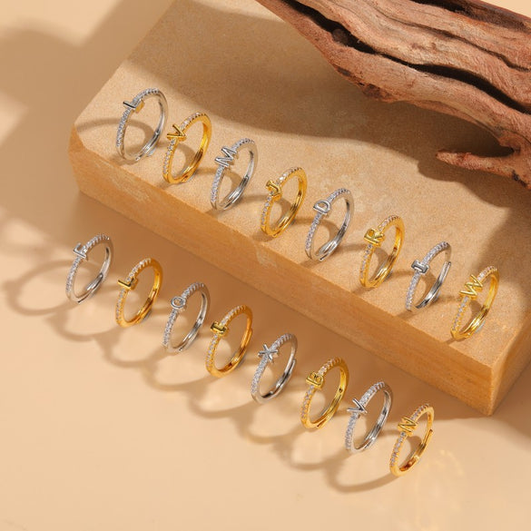 Cross-border new 26 initials micro-inlaid zircon open rings ins style personalized design English letter jewelry