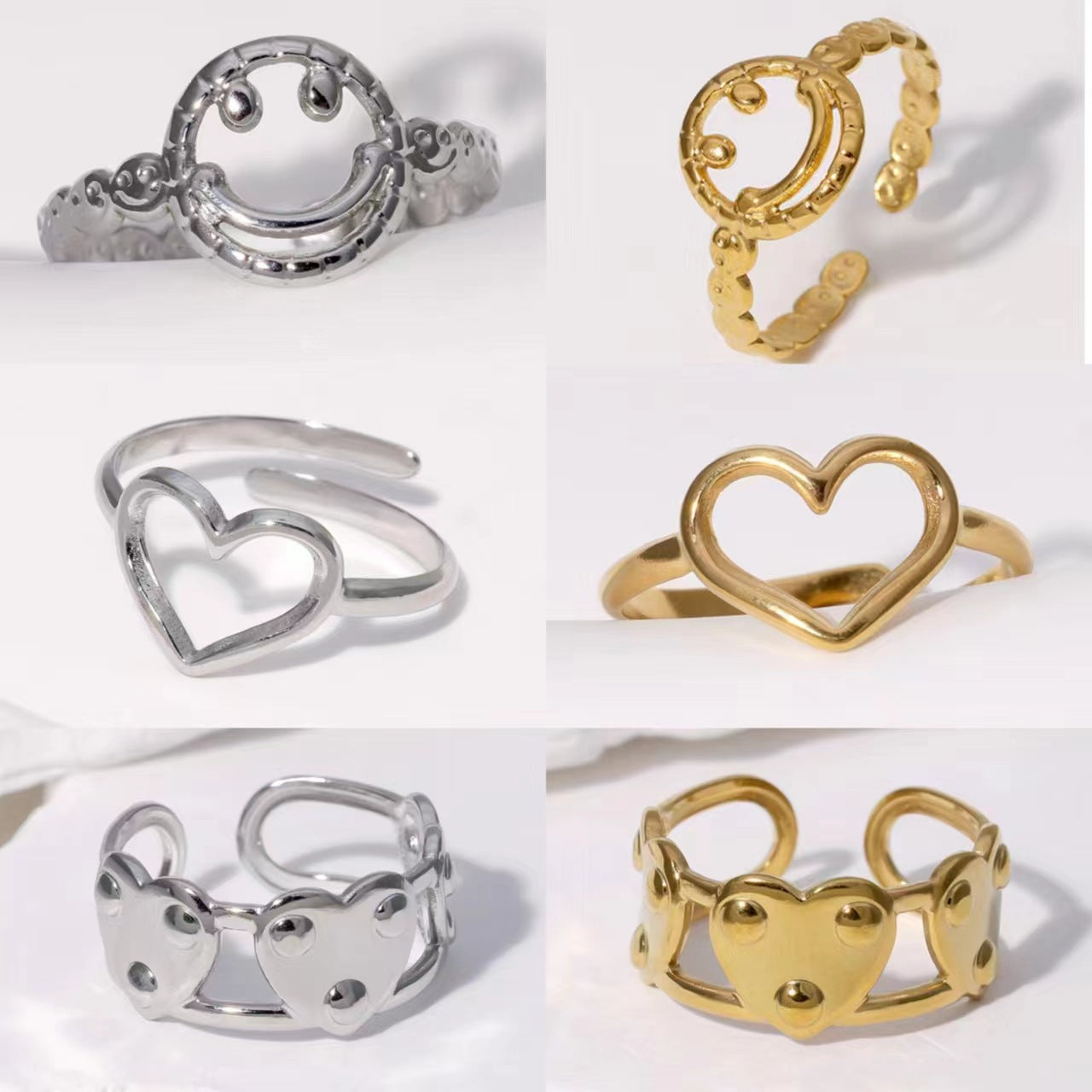 Stainless Steel Simple Style Heart Shape Smiley Face Plating Open Rings