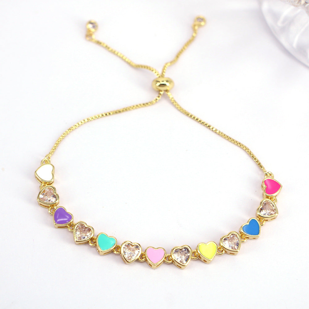 Fashion Colorful Oil Heart-shaped Female Zircon Adjustable Copper Bracelet