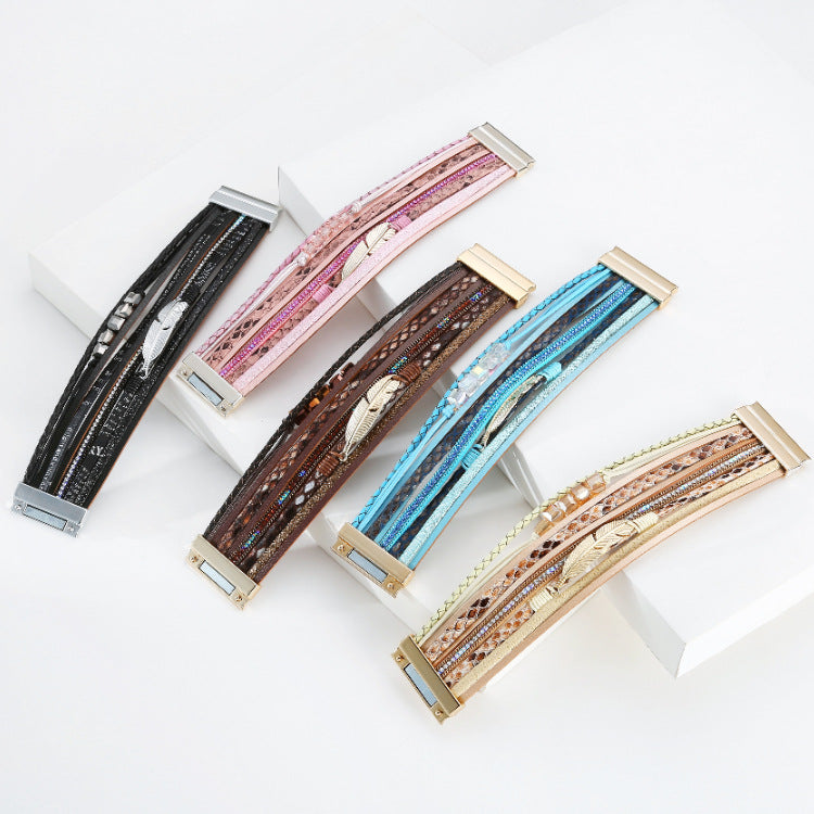 Bohemian Crystal Feather Multi-layer Bracelet Wholesale