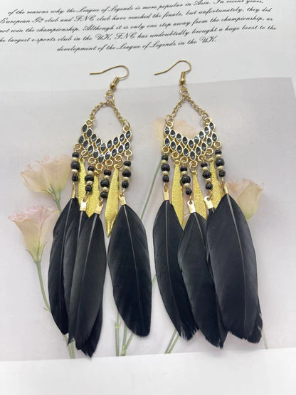 Wholesale Jewelry 1 Pair Bohemian Water Droplets Tassel Feather Alloy Feather Drop Earrings