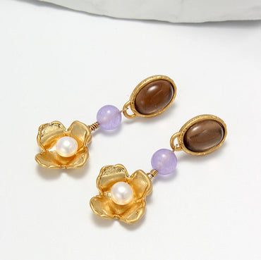 1 Pair Classical Flower Natural Stone Freshwater Pearl Copper Gold Plated Drop Earrings