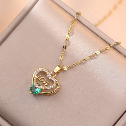 Titanium Steel Sweet Heart Shape Diamond Pendant Necklace