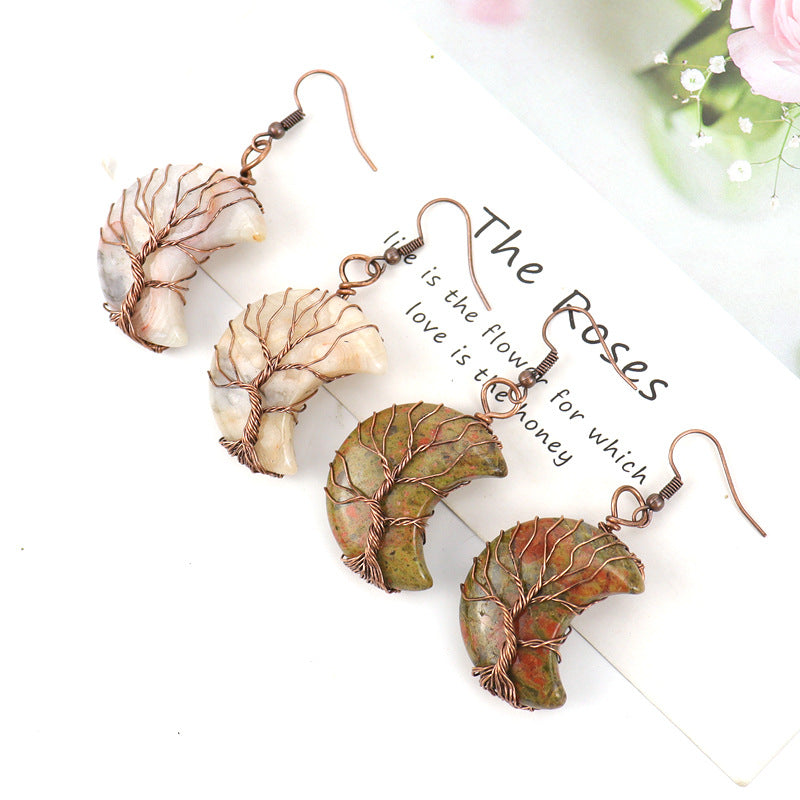 1 Pair Retro Simple Style Moon Tree Patchwork Natural Stone Copper Drop Earrings