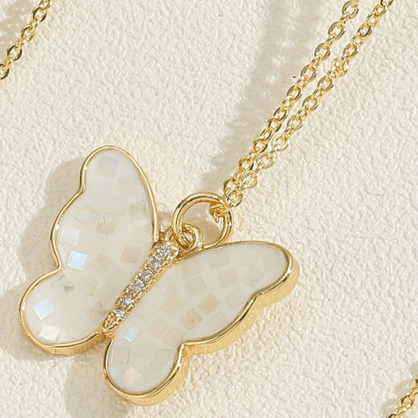 Copper Plated 14K Real Gold Color Dripping Oil Butterfly Pendant Necklace Women's Ins Personalized Design Shell Zircon Clavicle Chain