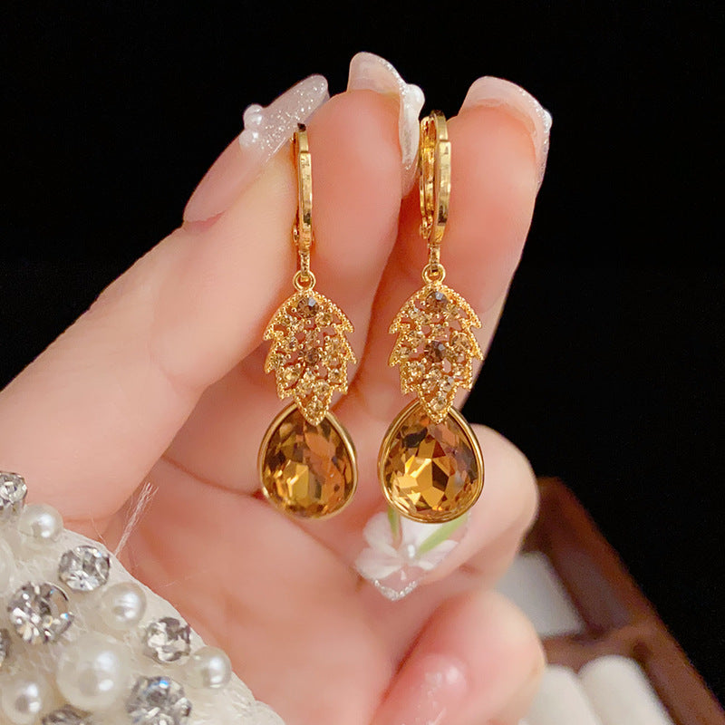 1 Pair Elegant Retro Leaf Copper Zircon 14K Gold Plated Drop Earrings