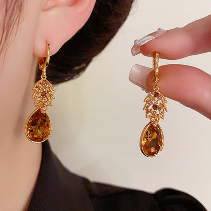 1 Pair Elegant Retro Leaf Copper Zircon 14K Gold Plated Drop Earrings