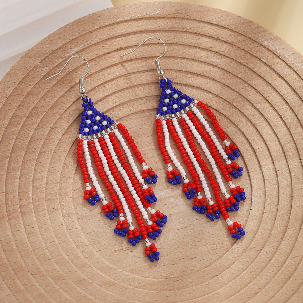 1 Pair Vintage Style American Flag Tassel Glass Ear Hook