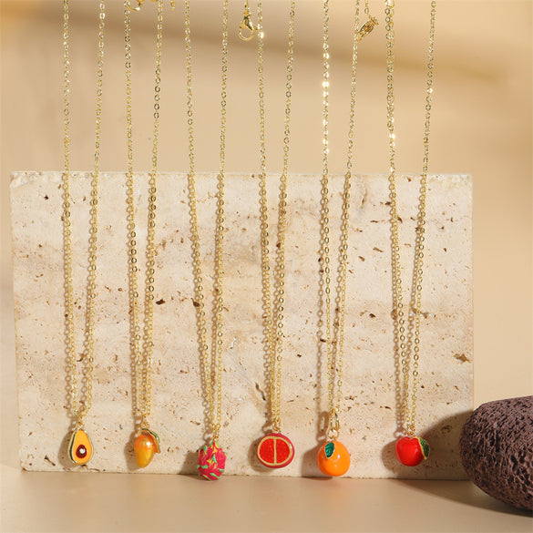 Independent station popular tropical fruit retro high-grade texture pendant copper plated 14K real gold personality exquisite O-word necklace