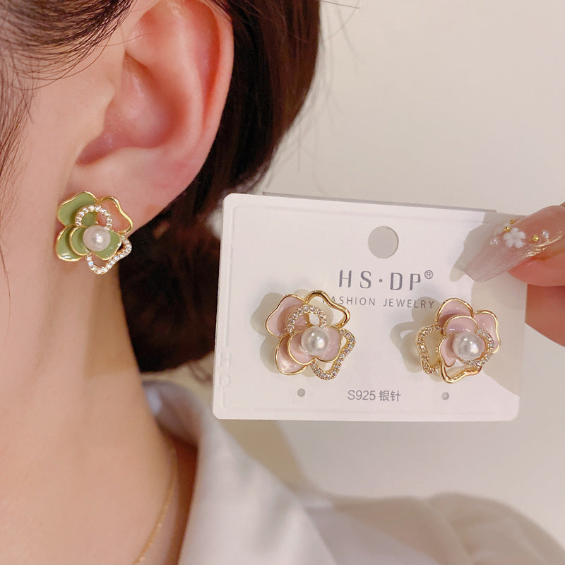 1 Pair Elegant Sweet Flower Enamel Inlay Copper Zircon 14k Gold Plated Ear Studs