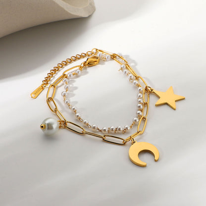 18k Gold Plated Stainless Steel Star Moon Pearl Pendant Double Layer Bracelet