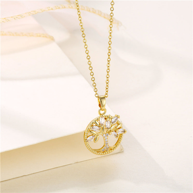 Simple Style Tree Stainless Steel Plating Inlay Zircon Necklace