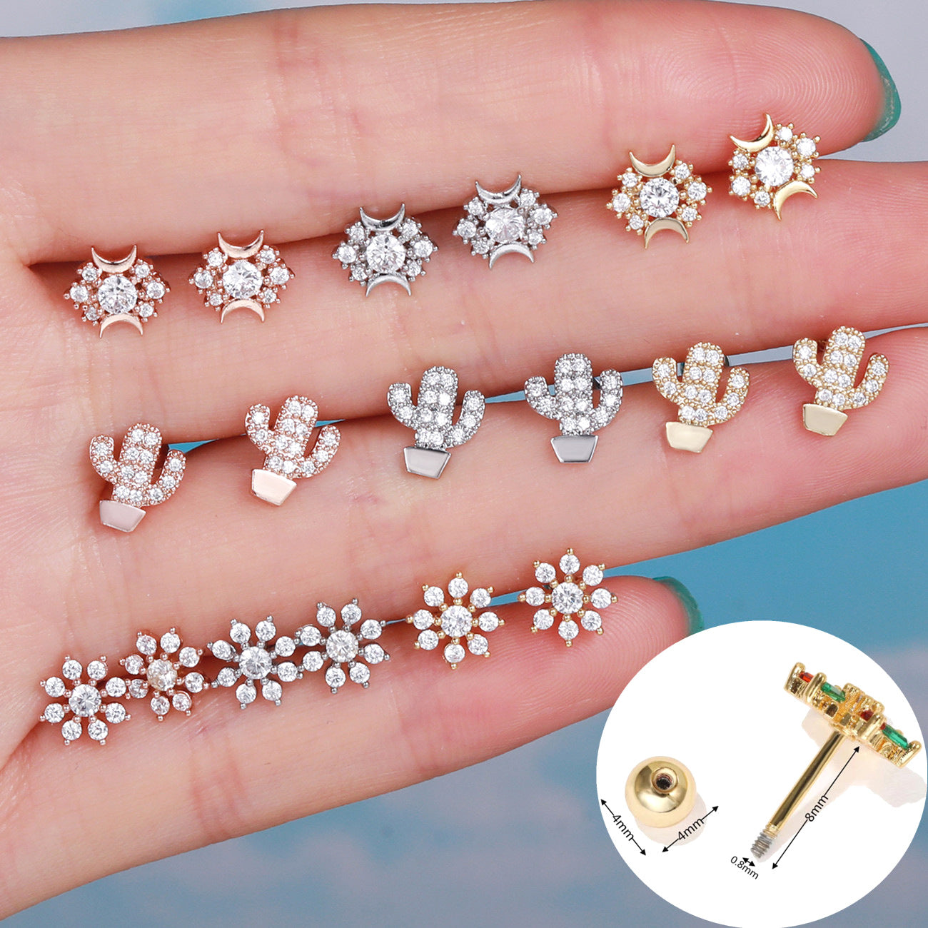 Stainless Steel Cactus Rod Piercing Twist Ball Ear Stud