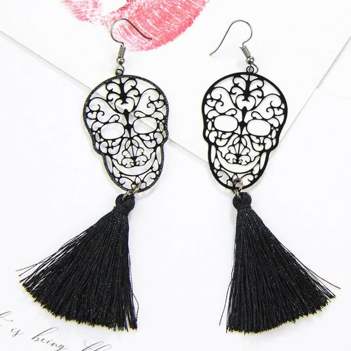 1 Pair Ethnic Style Tassel Skull Hollow Out Copper Drop Earrings