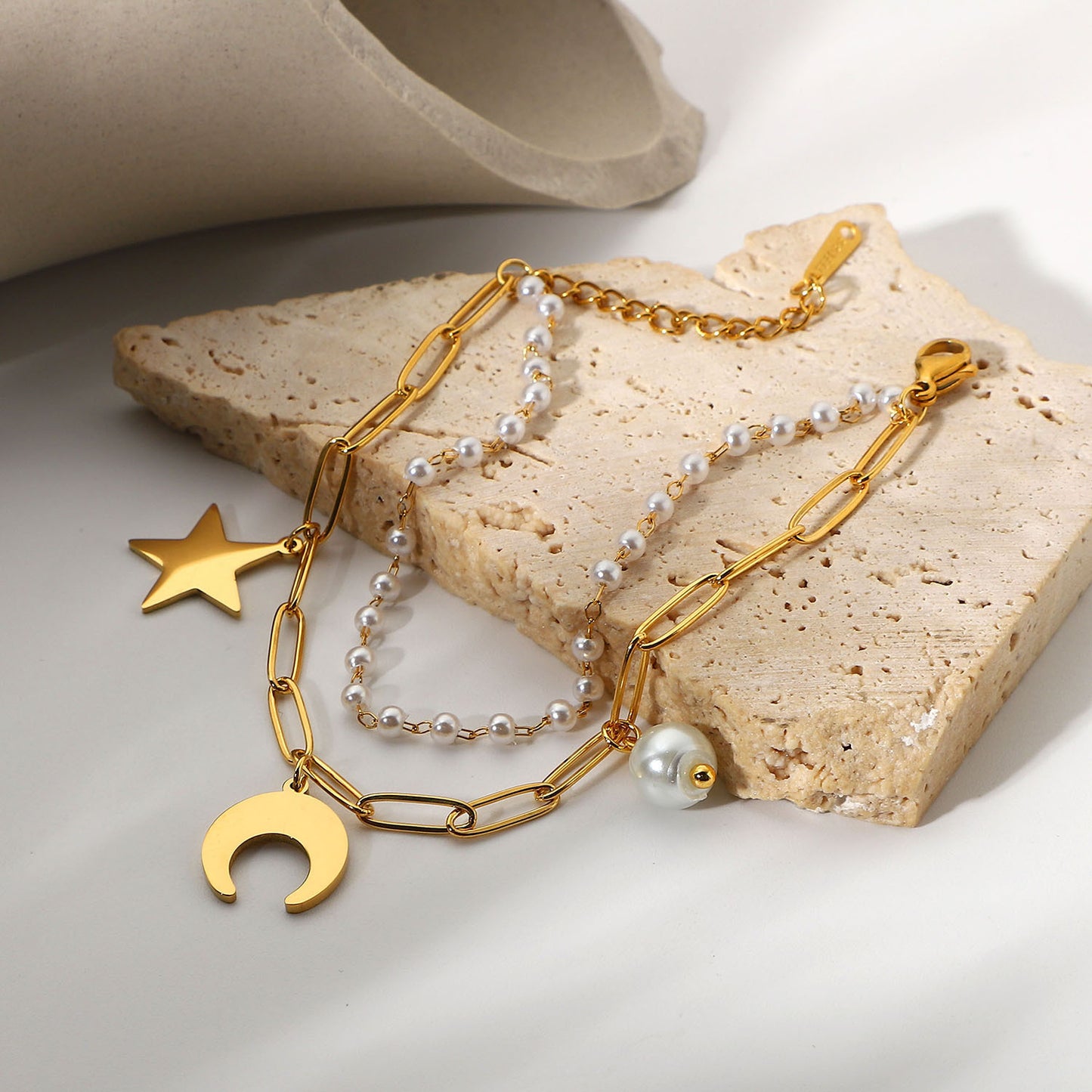 18k Gold Plated Stainless Steel Star Moon Pearl Pendant Double Layer Bracelet