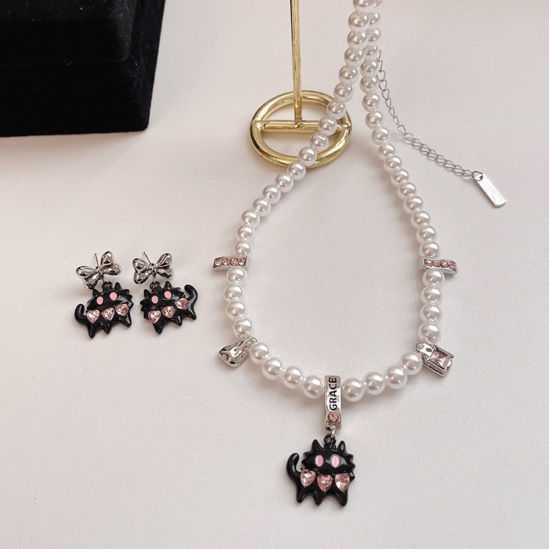 Fashion Heart Shape Cat Imitation Pearl Alloy Inlay Rhinestones Valentine's Day Women's Earrings Necklace