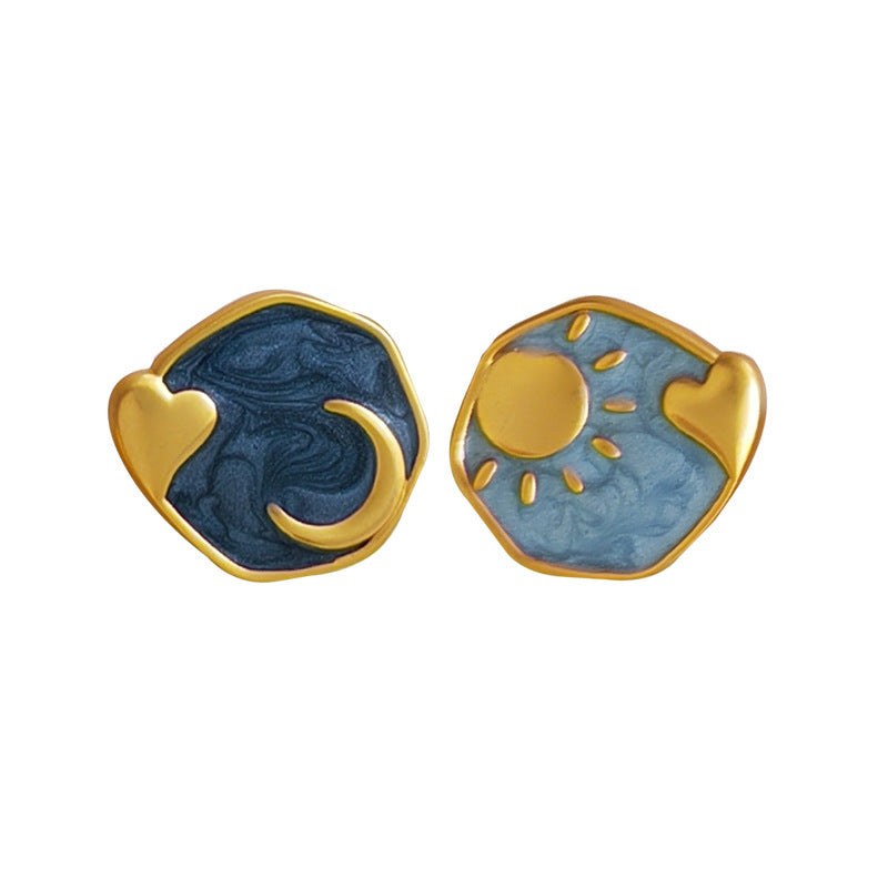 1 Pair Simple Style Streetwear Sun Moon Heart Shape Asymmetrical Enamel Plating Copper Gold Plated Ear Studs