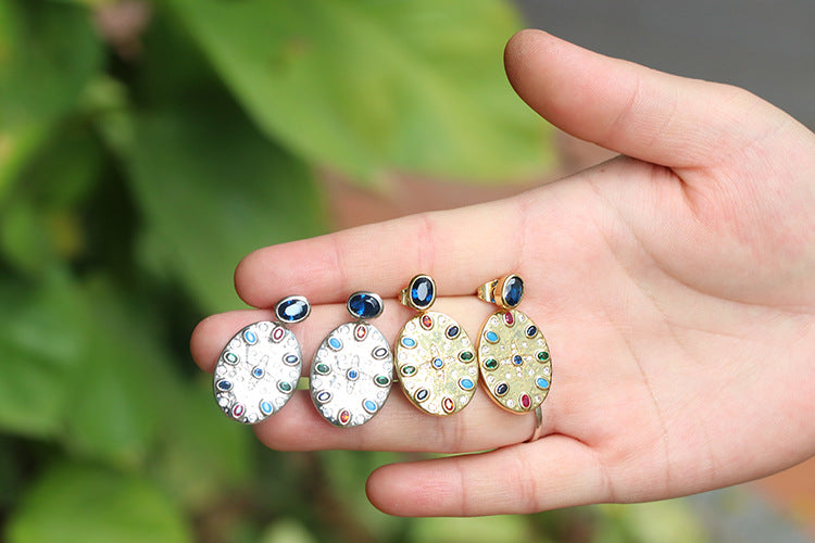 Korean Version Of New Colored Diamond Oval Pendant Copper Earrings