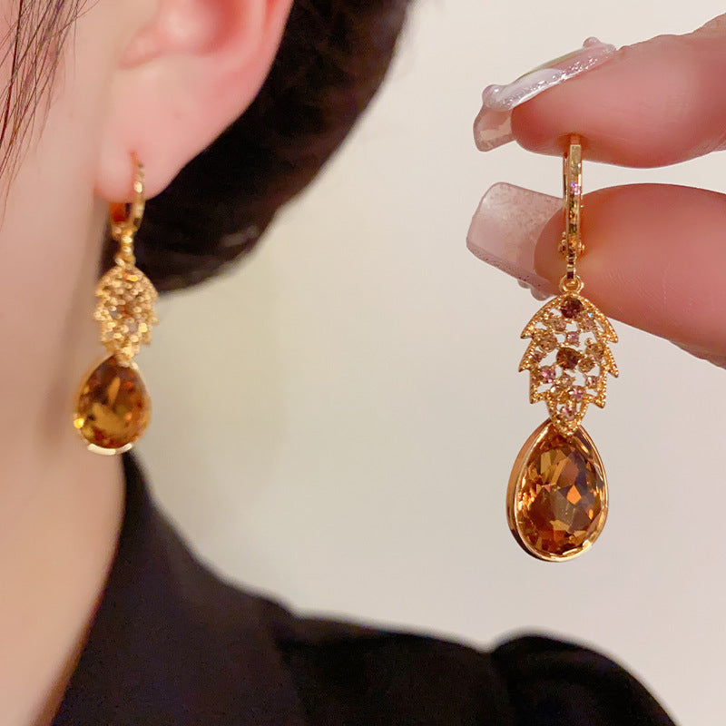 1 Pair Elegant Retro Leaf Copper Zircon 14K Gold Plated Drop Earrings