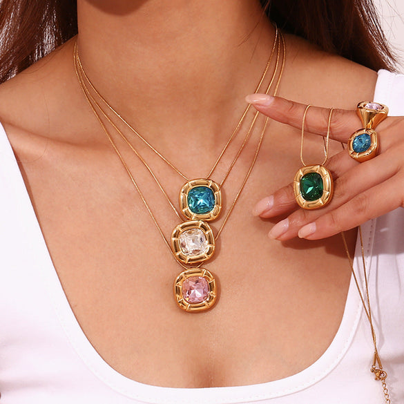 Fashion Quadrilateral Geometric Flower Stainless Steel 18K Gold Plated Necklaces