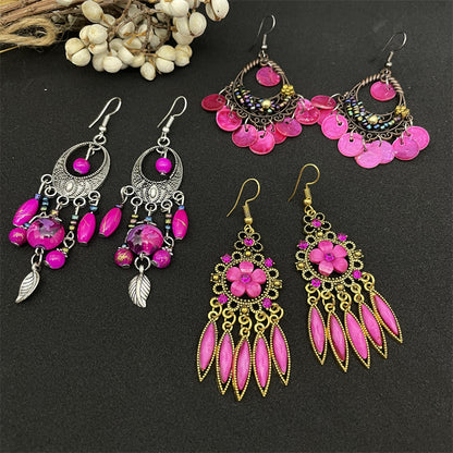 Vacation Bohemian Water Droplets Flower Alloy Beaded Tassel Inlay Rhinestones Women's Drop Earrings