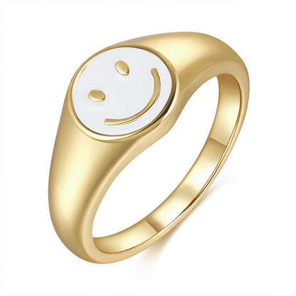 Cross-border European And American New Cute Smiling Face Ring Women's Simple Women's 18k Gold Drop Oil Copper Ring Color Retention