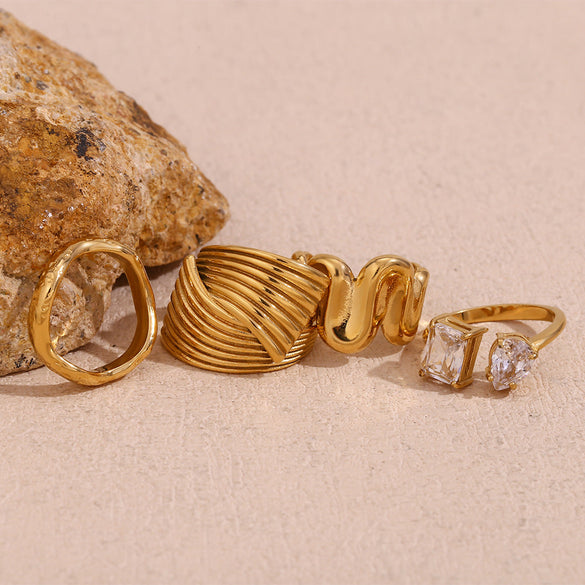 Vintage Fashion Retro Quadrilateral Circle Geometric Stainless Steel 18K Gold Plated Rings