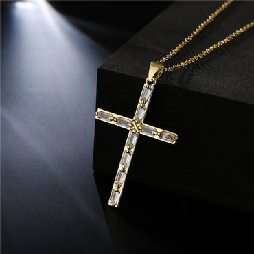 Europe And America Religious Jewelry Copper Plated 18k Gold Zircon Cross Pendant Necklace