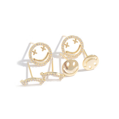 Fashion Smiley Face Copper Plating Hollow Out Inlay Zircon Ear Studs 1 Set