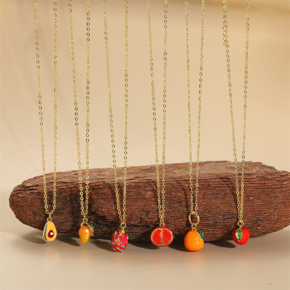 Independent station popular tropical fruit retro high-grade texture pendant copper plated 14K real gold personality exquisite O-word necklace