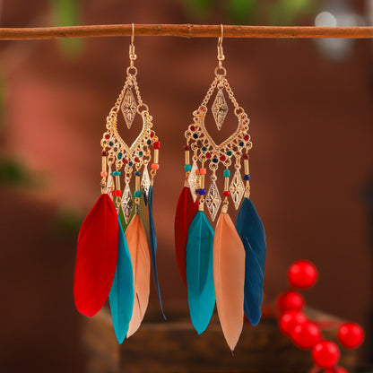 Vintage Fan-shaped Tassel Feather  Long Bohemian Beads Drop Earrings Wholesale