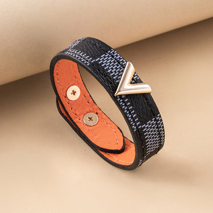 Simple Style V Shape Letter Lattice Pu Leather Wholesale Wristband