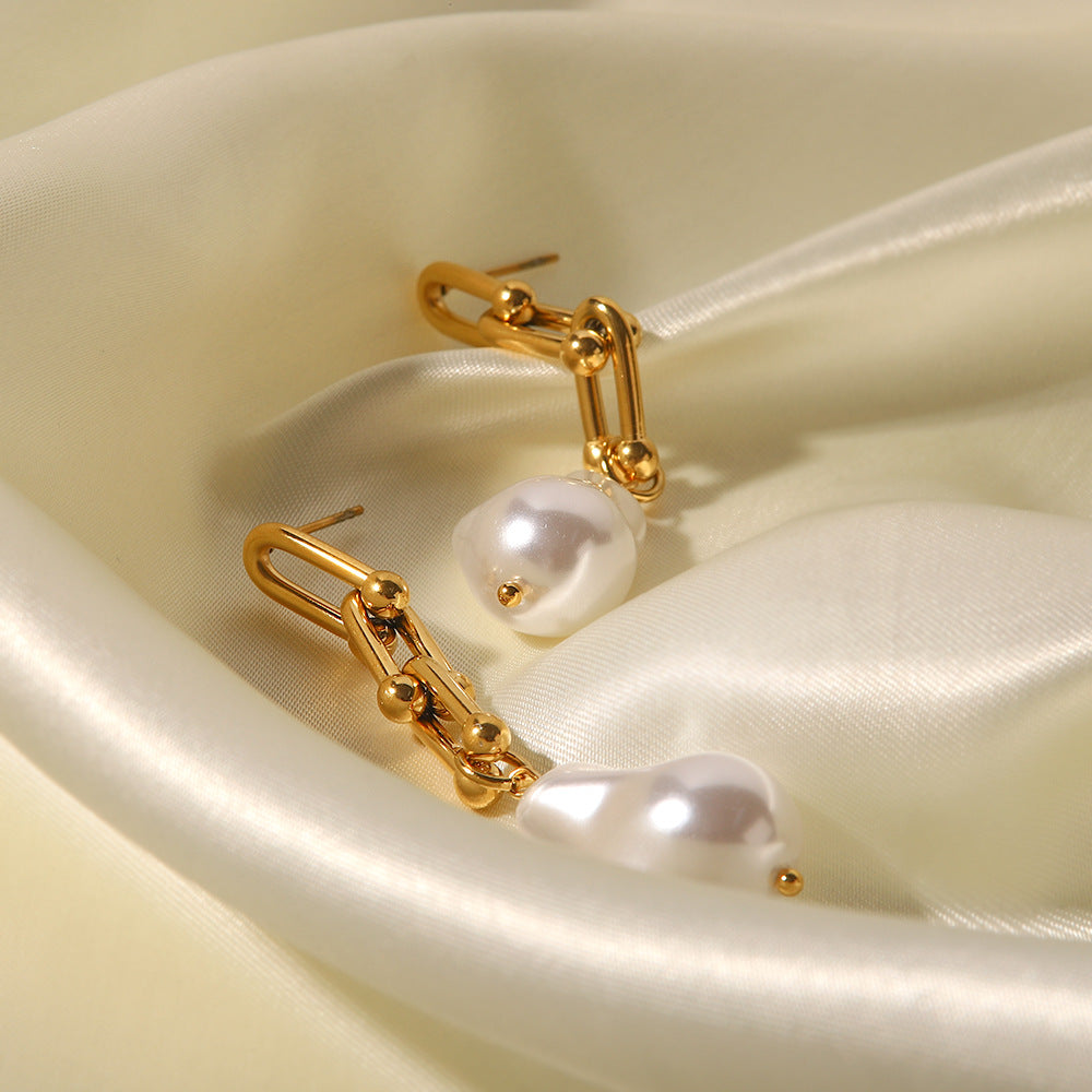 Fashion Geometric Stainless Steel Gold Plated Pearl Drop Earrings 1 Pair