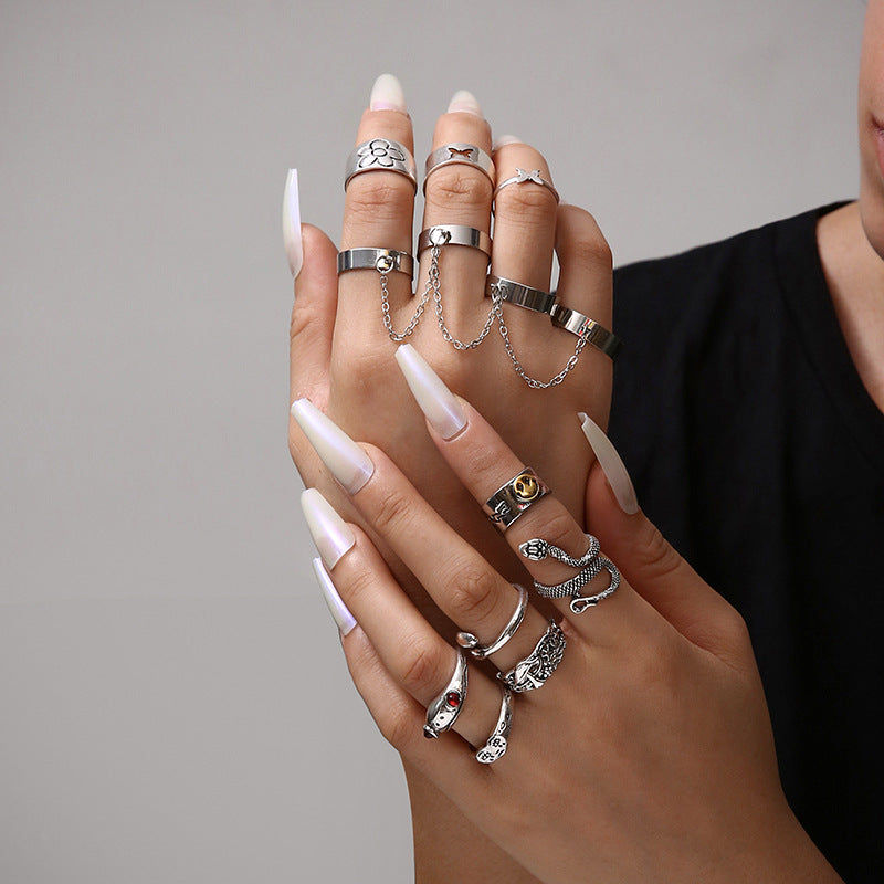 Cross-border New Ring 13-piece Set Bohemian Style Ring Chain Butterfly Frog Snake Ring