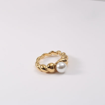 Retro Twist Titanium Steel Inlay Artificial Pearls Rings