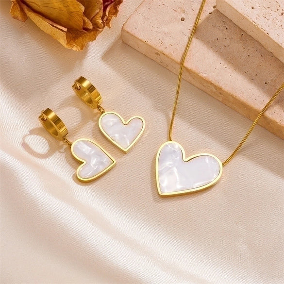 Princess Cute Simple Style Heart Shape Stainless Steel Plating Inlay Shell 18k Gold Plated Earrings Necklace