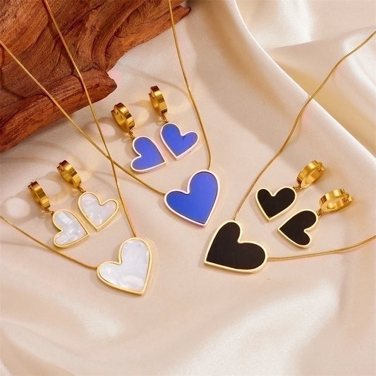 Princess Cute Simple Style Heart Shape Stainless Steel Plating Inlay Shell 18k Gold Plated Earrings Necklace