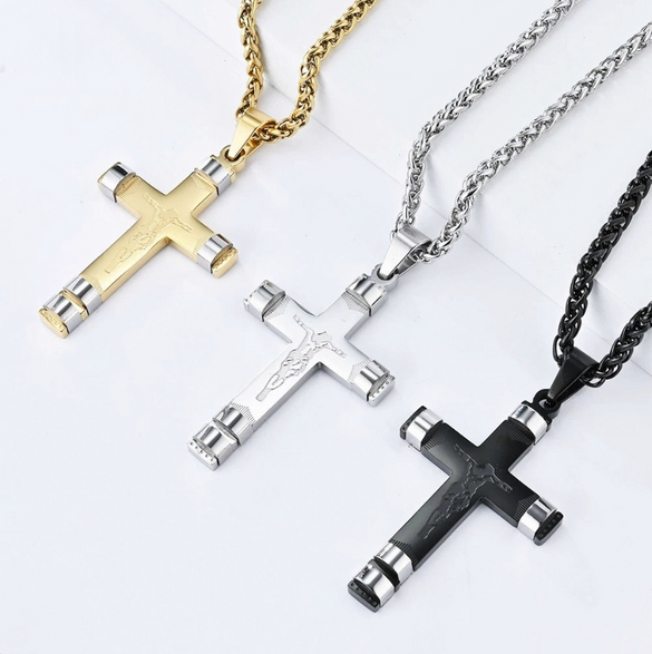 Men's Stainless Steel Geometric Cross Pendant Necklace With Polished Finish Trendy Personal Style Jewelry Gift