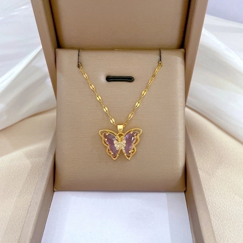 Simple Style Butterfly Titanium Steel Copper Gold Plated Zircon Pendant Necklace In Bulk