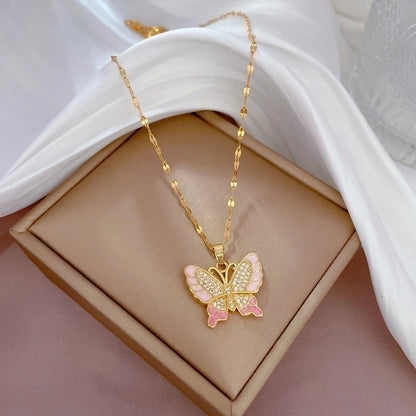 Simple Style Butterfly Titanium Steel Copper Gold Plated Zircon Pendant Necklace In Bulk