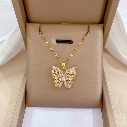 Simple Style Butterfly Titanium Steel Copper Gold Plated Zircon Pendant Necklace In Bulk