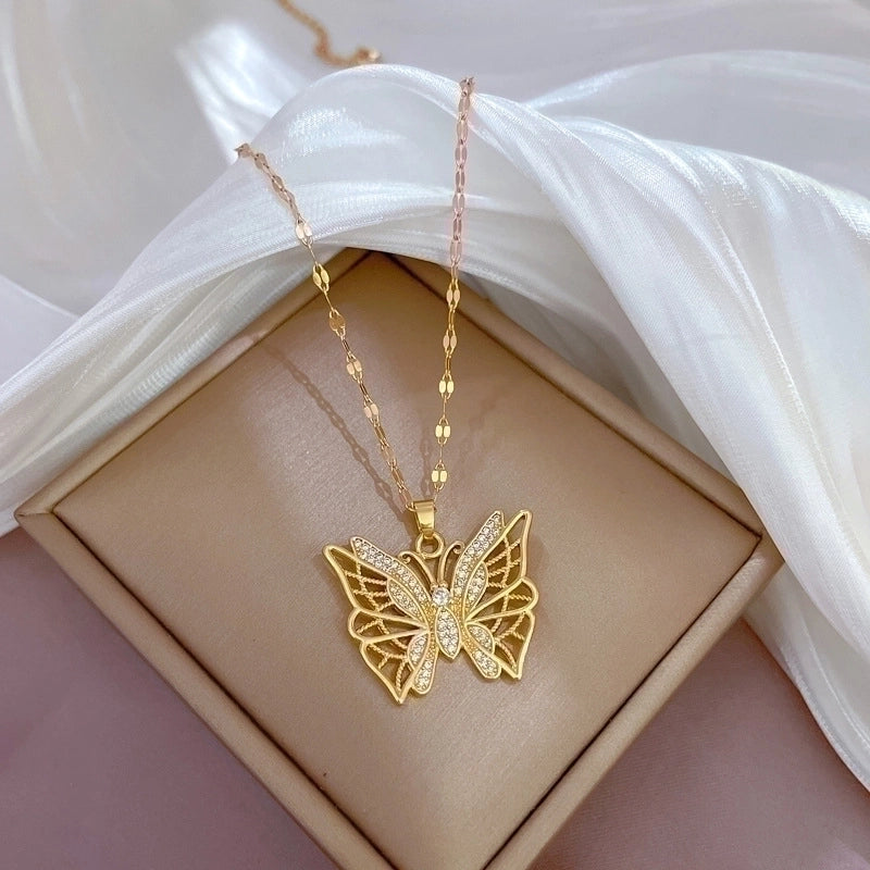 Simple Style Butterfly Titanium Steel Copper Gold Plated Zircon Pendant Necklace In Bulk