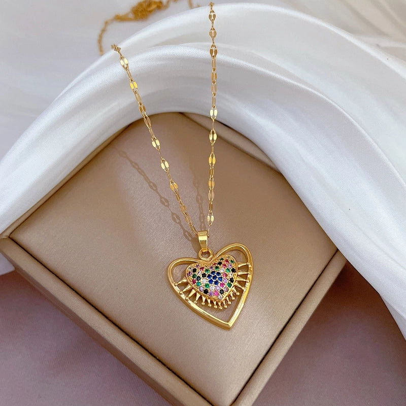 Simple Style Classic Style Geometric Heart Shape Titanium Steel Copper Zircon Pendant Necklace In Bulk