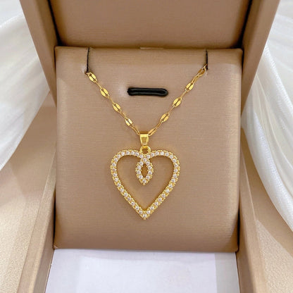 Simple Style Classic Style Geometric Heart Shape Titanium Steel Copper Zircon Pendant Necklace In Bulk