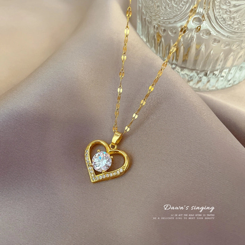 Simple Style Classic Style Geometric Heart Shape Titanium Steel Copper Zircon Pendant Necklace In Bulk