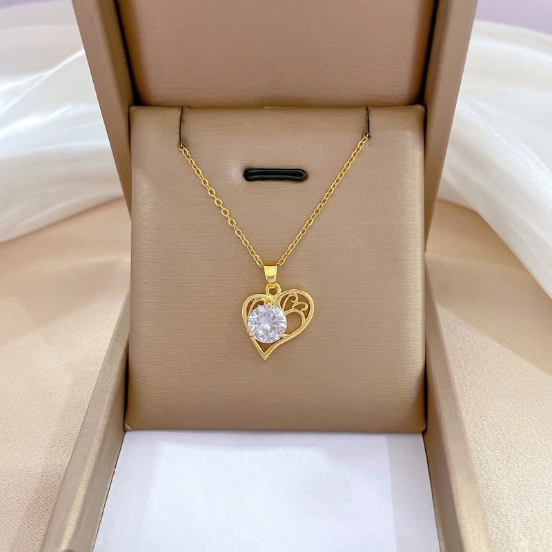 Simple Style Classic Style Geometric Heart Shape Titanium Steel Copper Zircon Pendant Necklace In Bulk