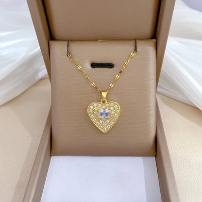 Simple Style Classic Style Geometric Heart Shape Titanium Steel Copper Zircon Pendant Necklace In Bulk